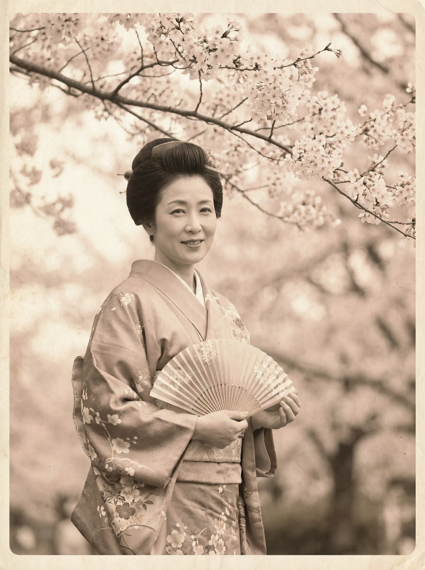 一位持扇的优雅 7m体育网站 在樱花树下的复古写真